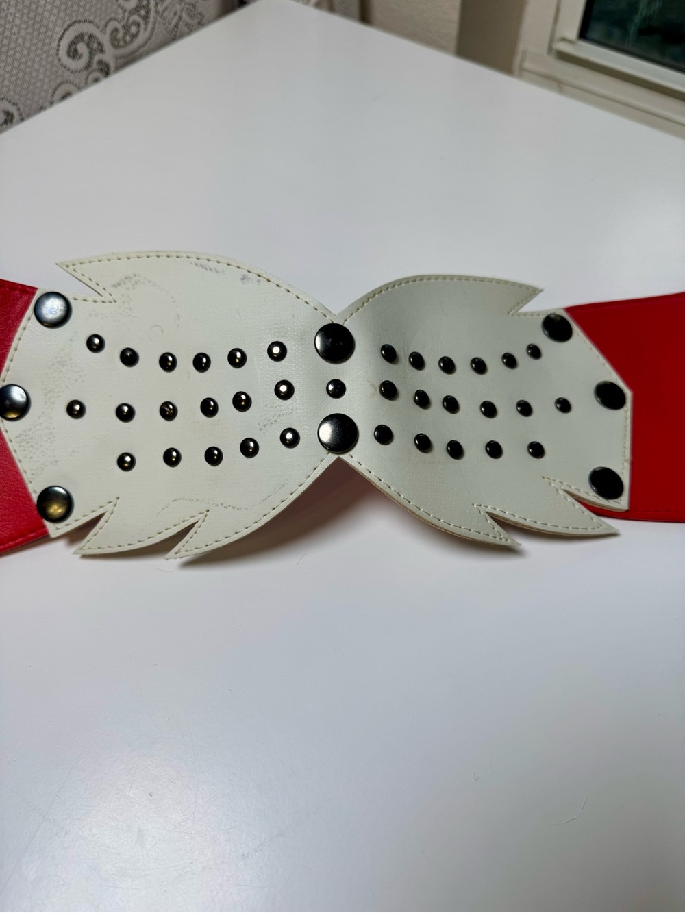Vintage Wide Red Leather Belt with White Studded Bow, Mid Century Rockabilly - Picture 5 of 5